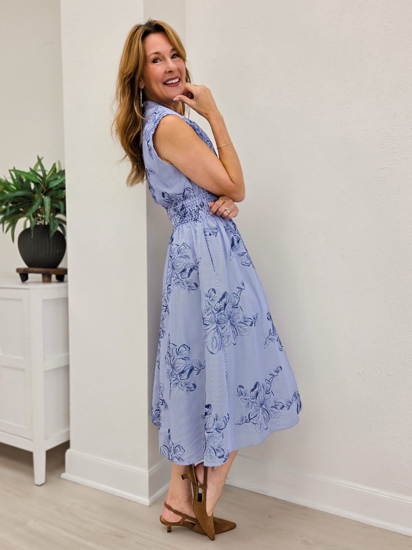 Embroidery Pinstripe Floral Smocked Zip Front Midi Dress