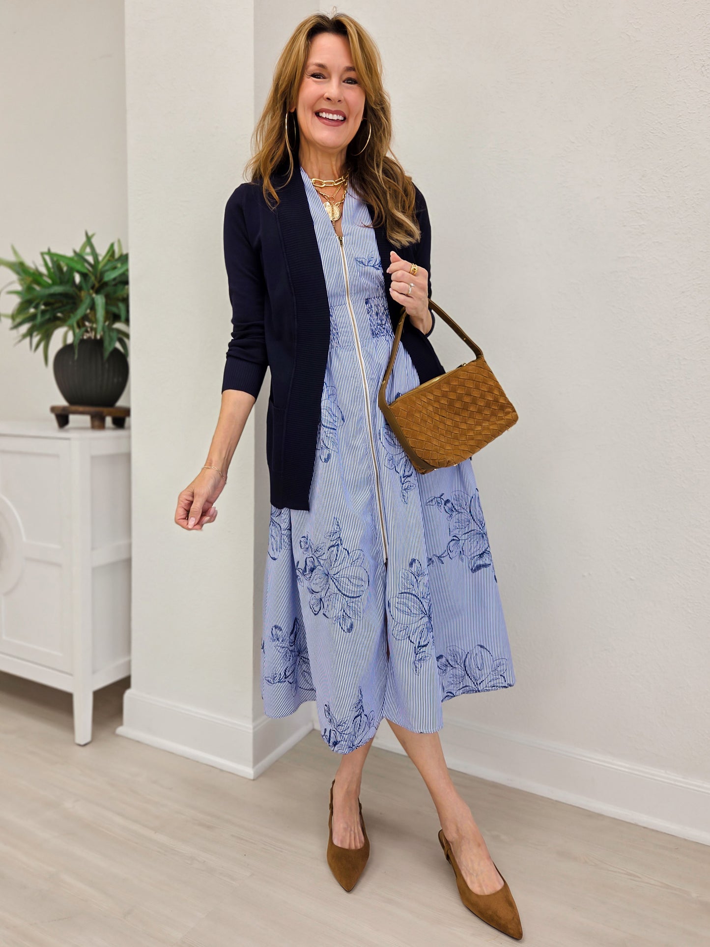 Embroidery Pinstripe Floral Smocked Zip Front Midi Dress