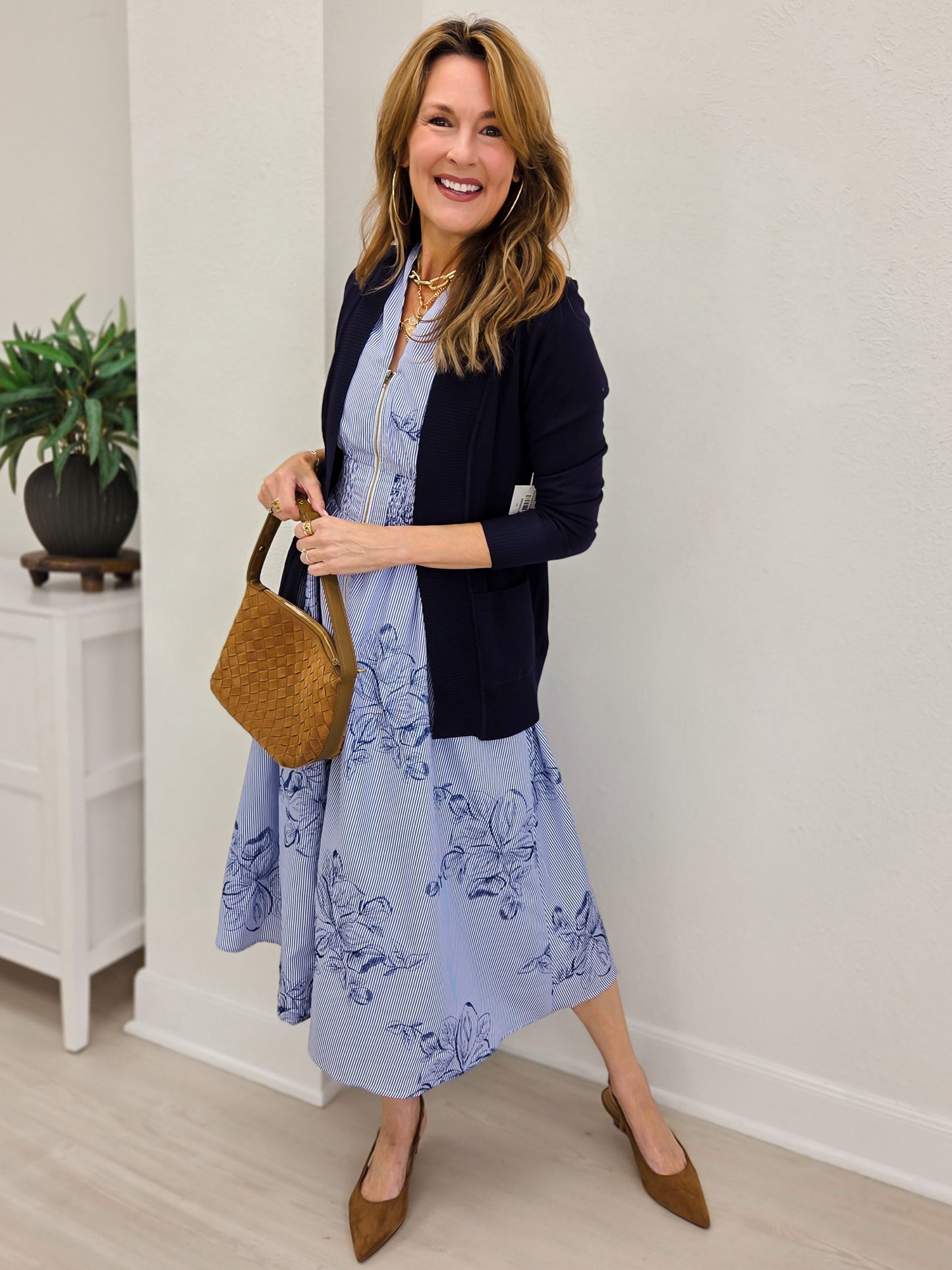 Embroidery Pinstripe Floral Smocked Zip Front Midi Dress
