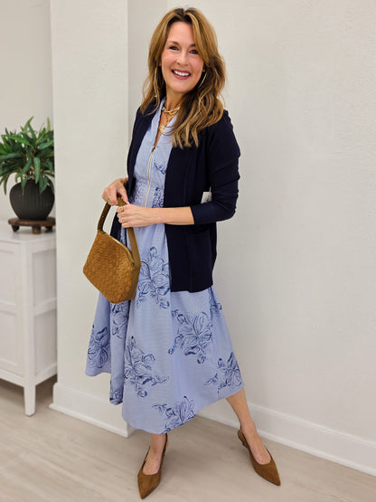 Embroidery Pinstripe Floral Smocked Zip Front Midi Dress