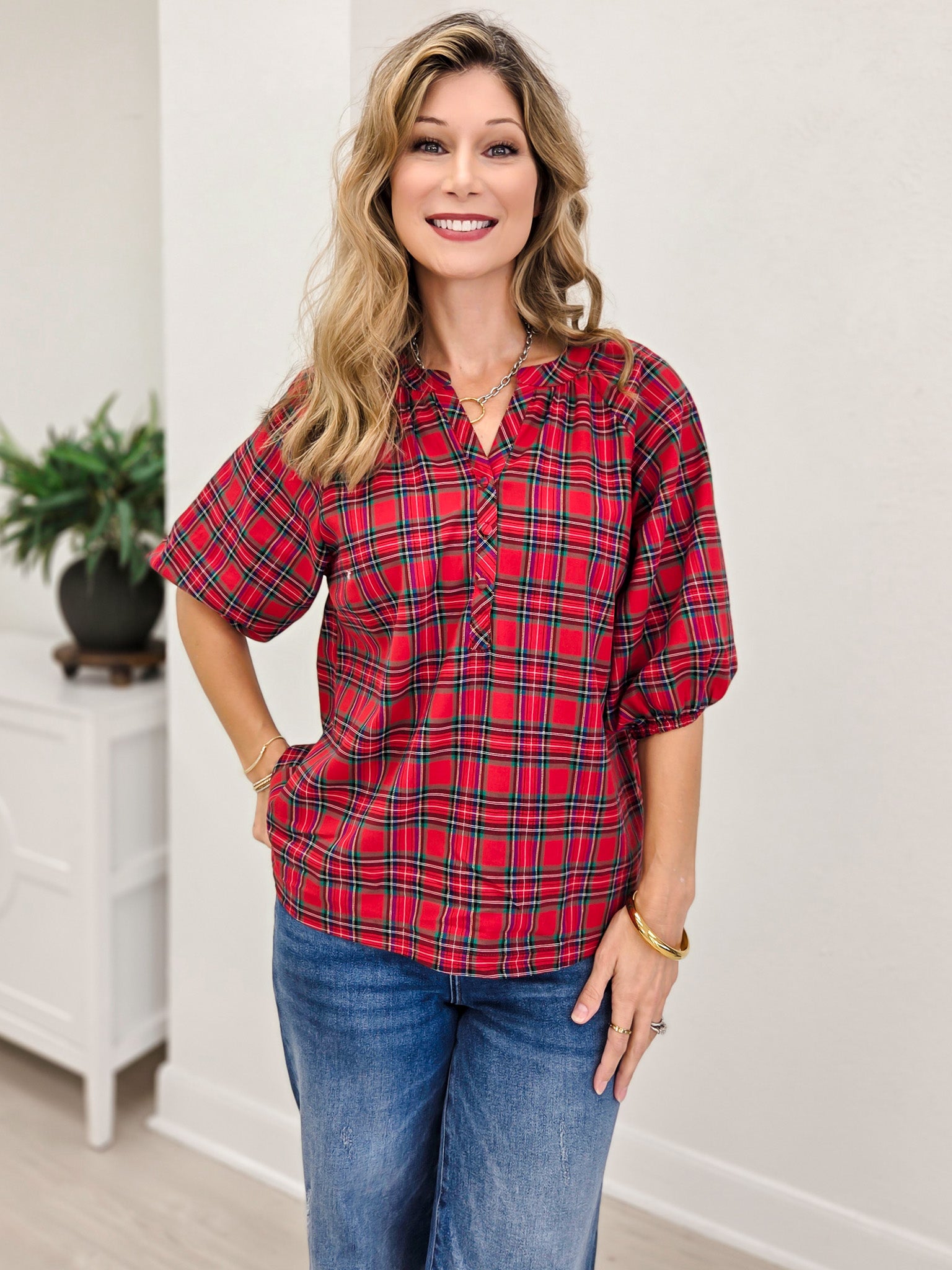 Plaid Split Neck Button Top