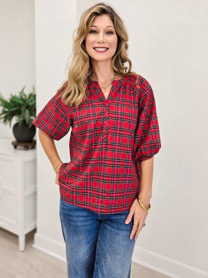 Plaid Split Neck Button Top