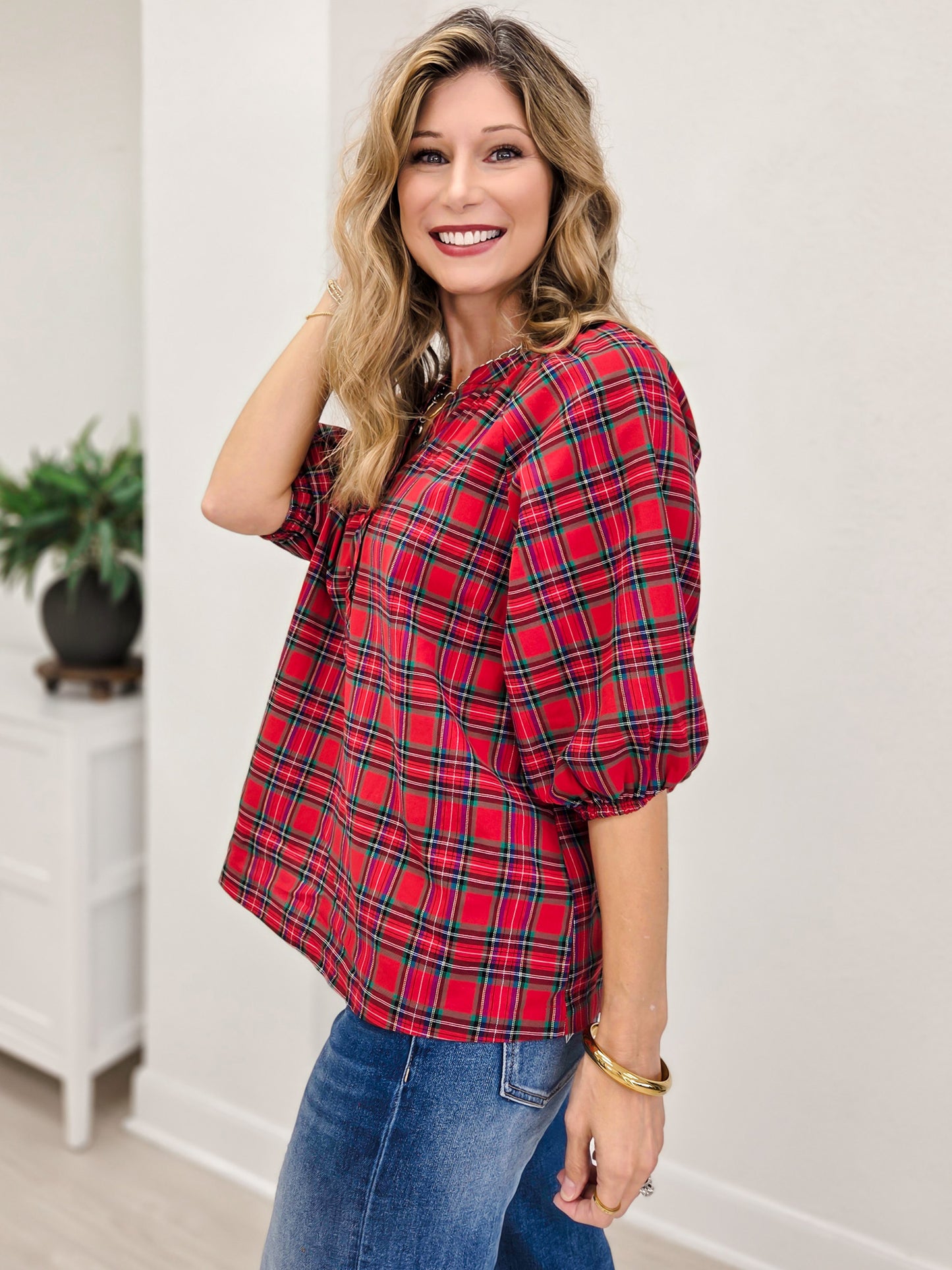Plaid Split Neck Button Top