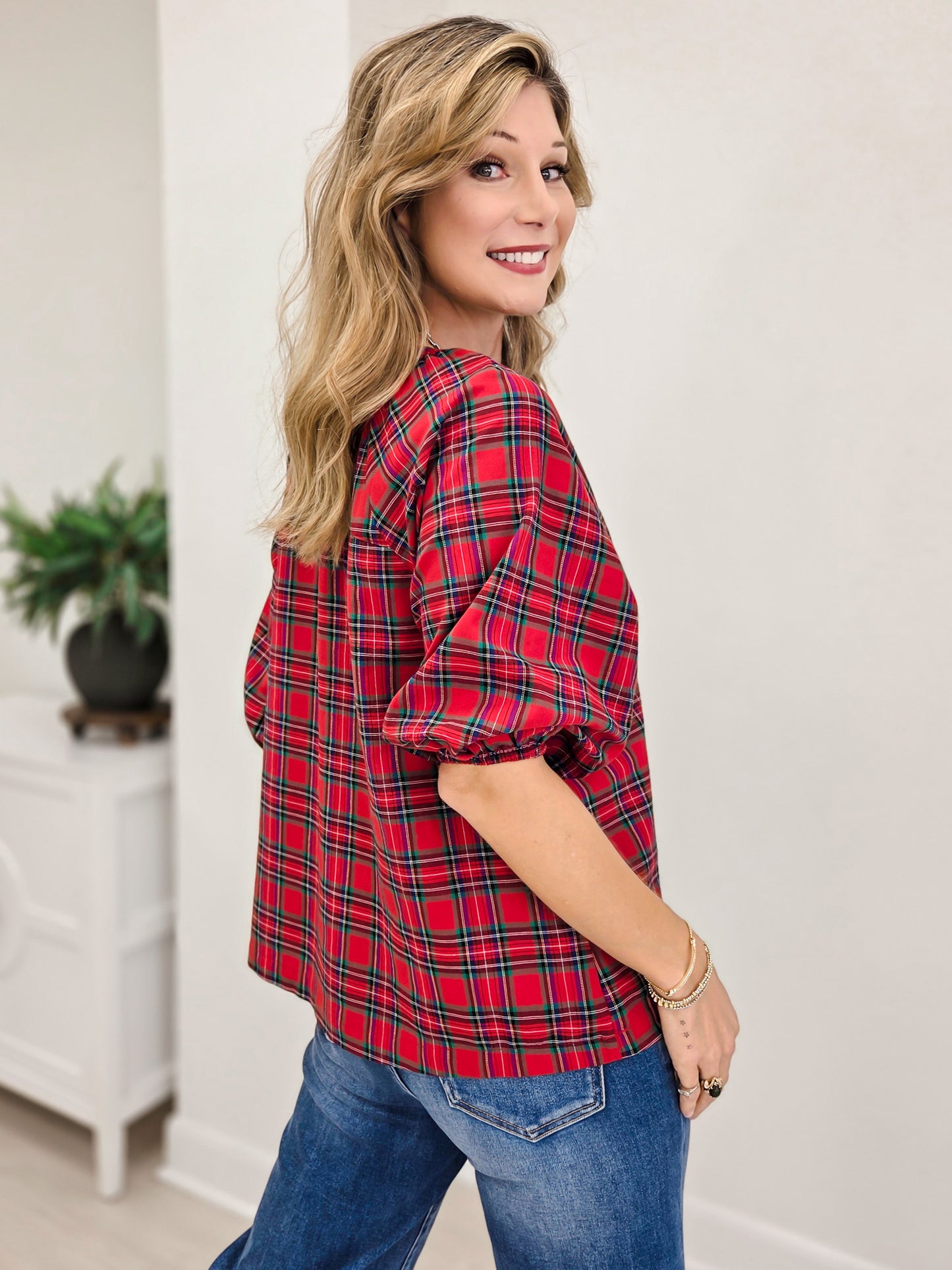 Plaid Split Neck Button Top