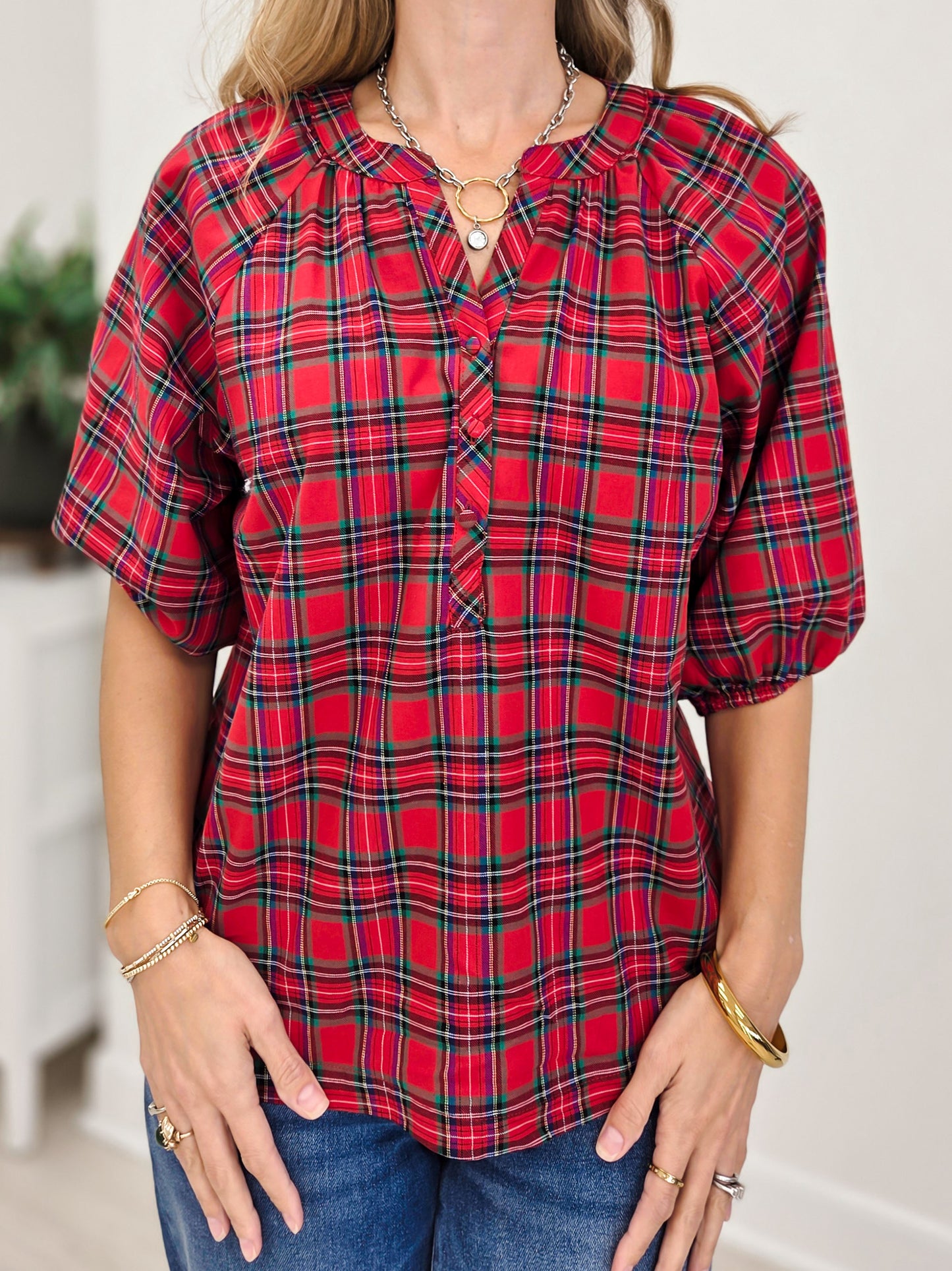 Plaid Split Neck Button Top