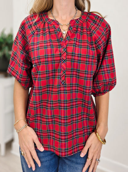 Plaid Split Neck Button Top