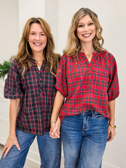 Plaid Split Neck Button Top