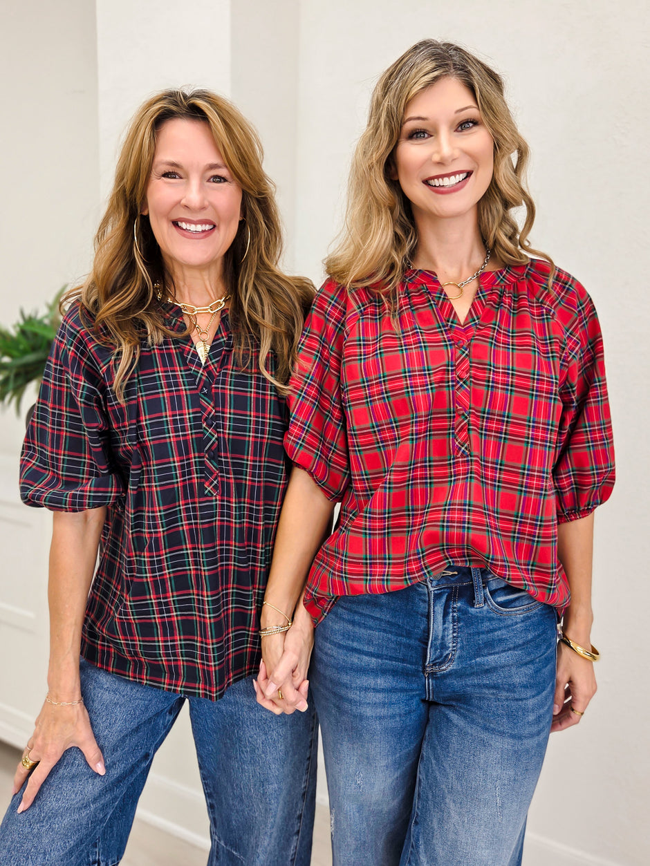 Plaid Split Neck Button Top