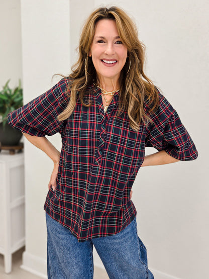 Plaid Split Neck Button Top