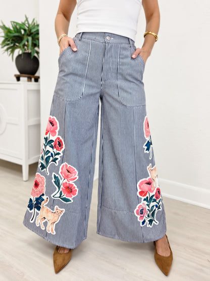 Floral Applique Striped Wide Leg Pant