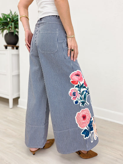 Floral Applique Striped Wide Leg Pant