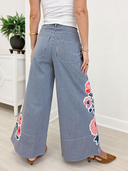 Floral Applique Striped Wide Leg Pant