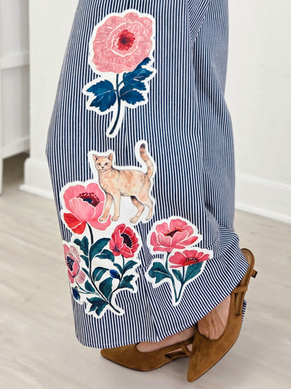 Floral Applique Striped Wide Leg Pant