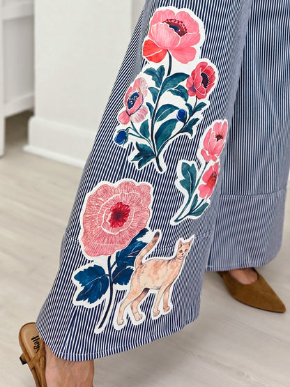 Floral Applique Striped Wide Leg Pant