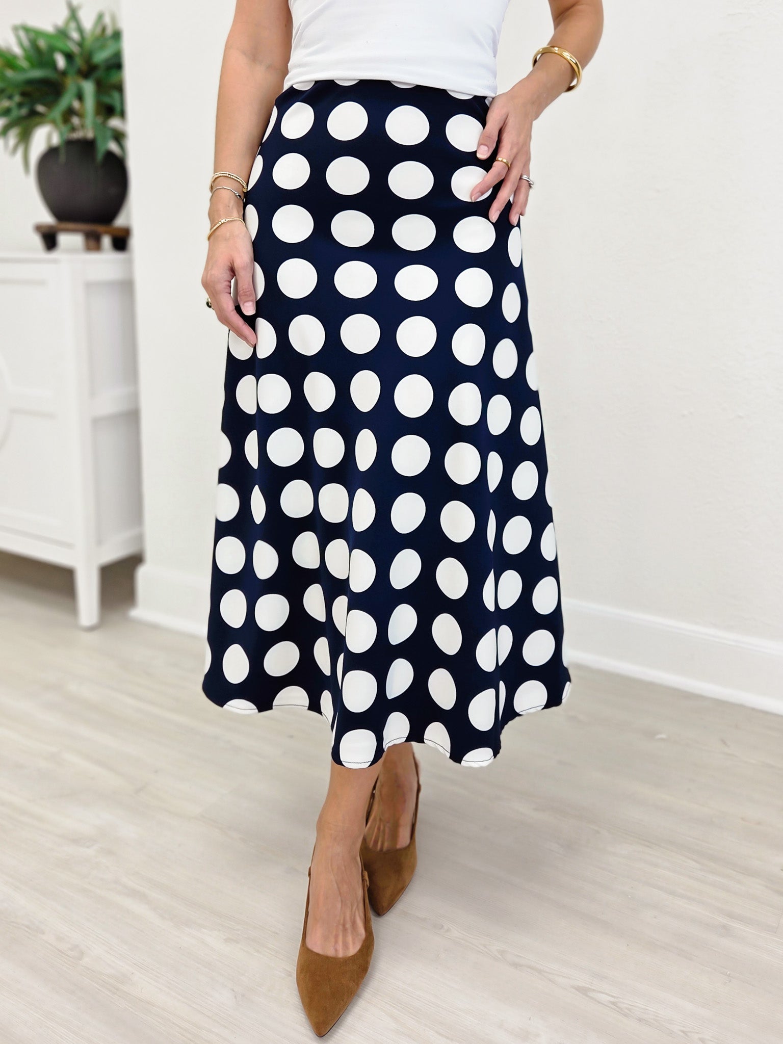 Navy Blue Polka Dot Print Midi Skirt