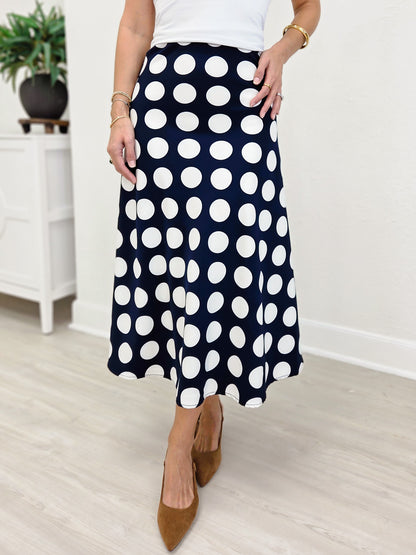Navy Blue Polka Dot Print Midi Skirt