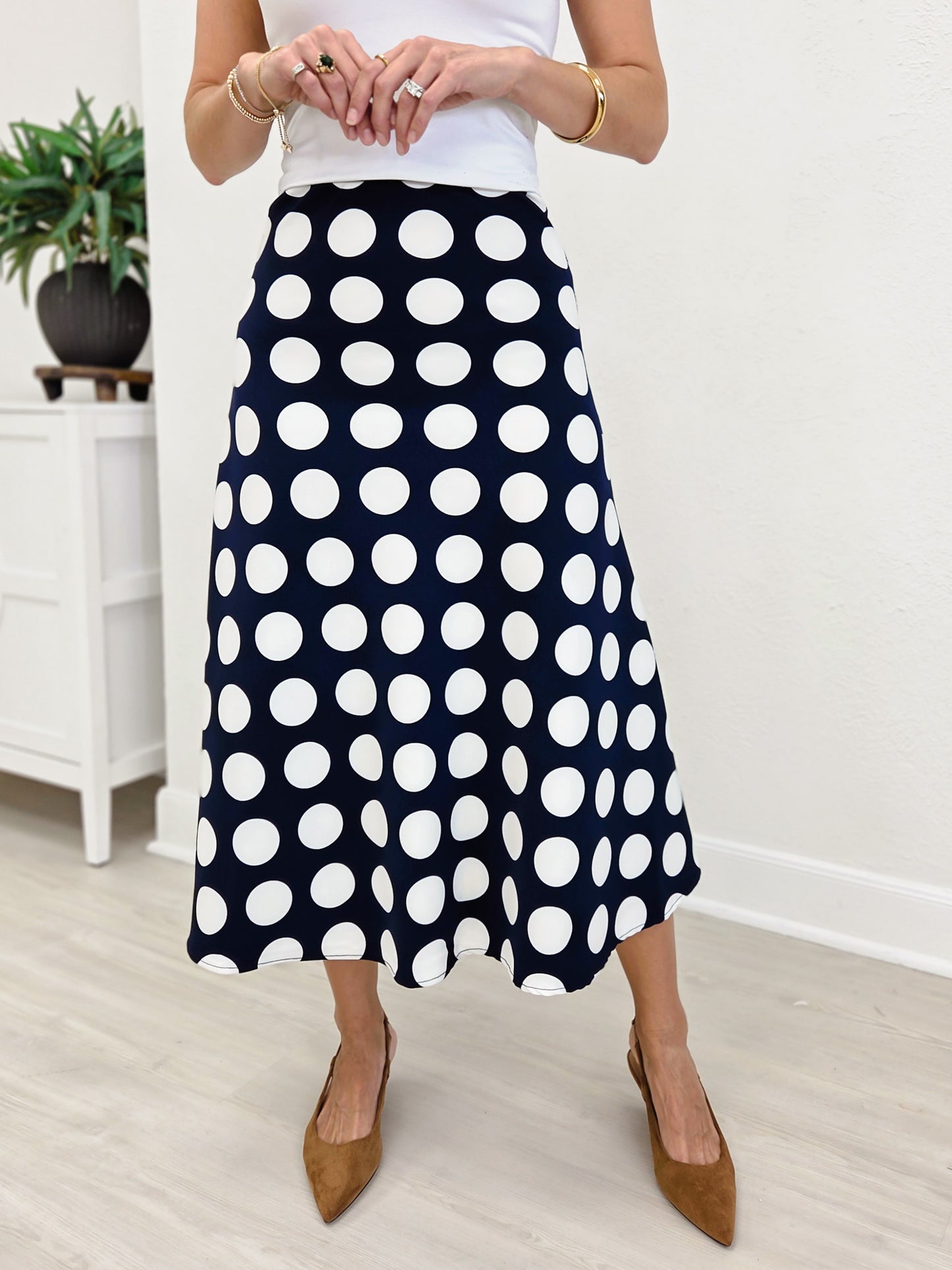 Navy Blue Polka Dot Print Midi Skirt
