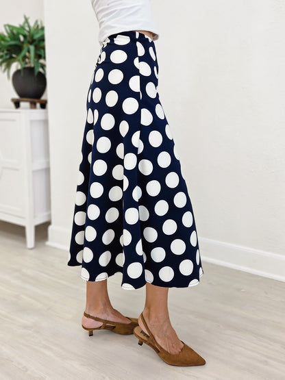 Navy Blue Polka Dot Print Midi Skirt