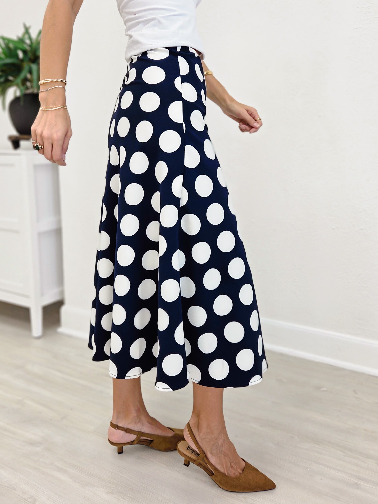 Navy Blue Polka Dot Print Midi Skirt
