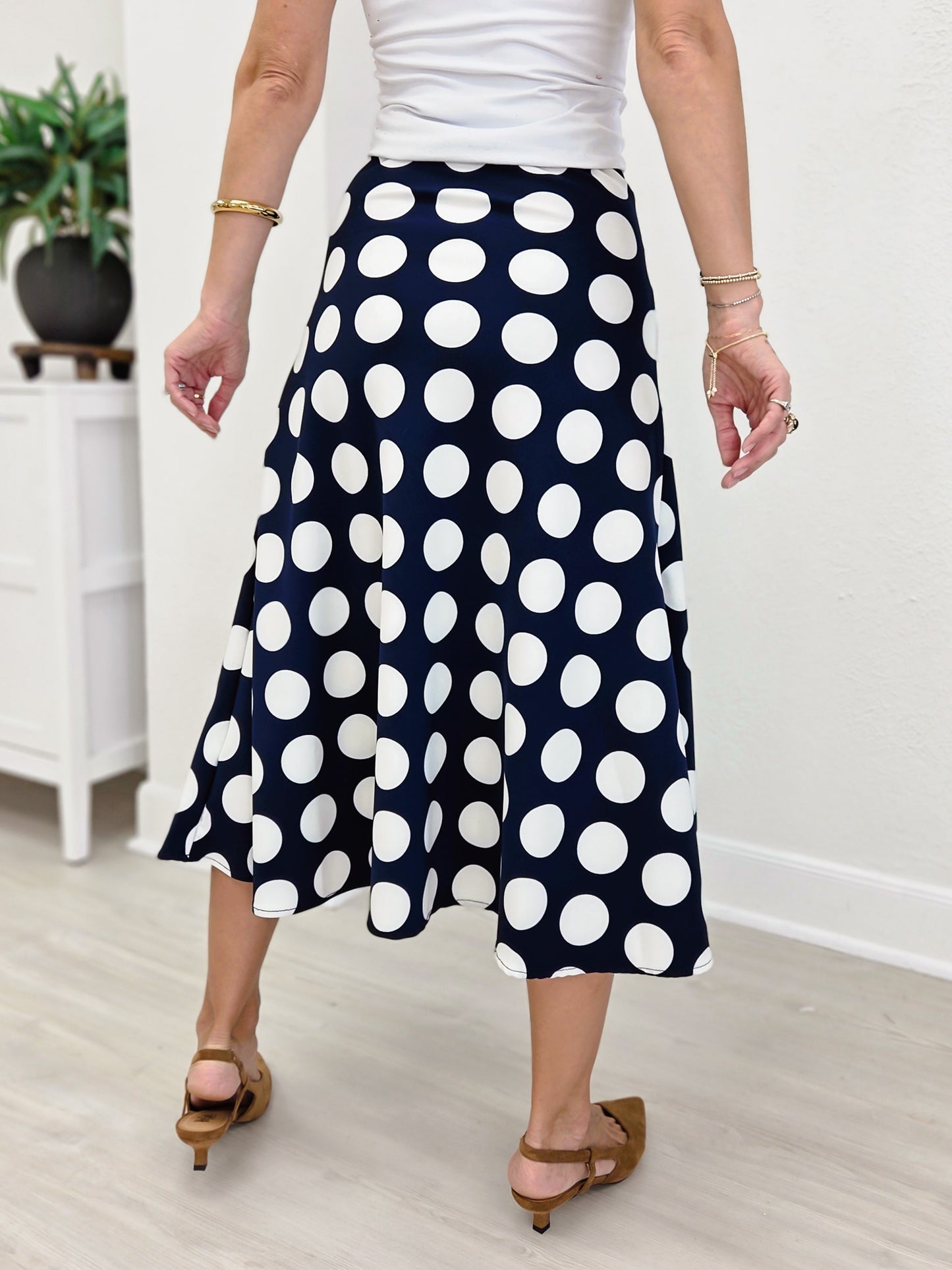 Navy Blue Polka Dot Print Midi Skirt
