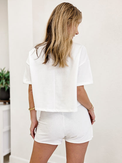 French Terry Crew Neck Boxy Crop Top With Matching Skort