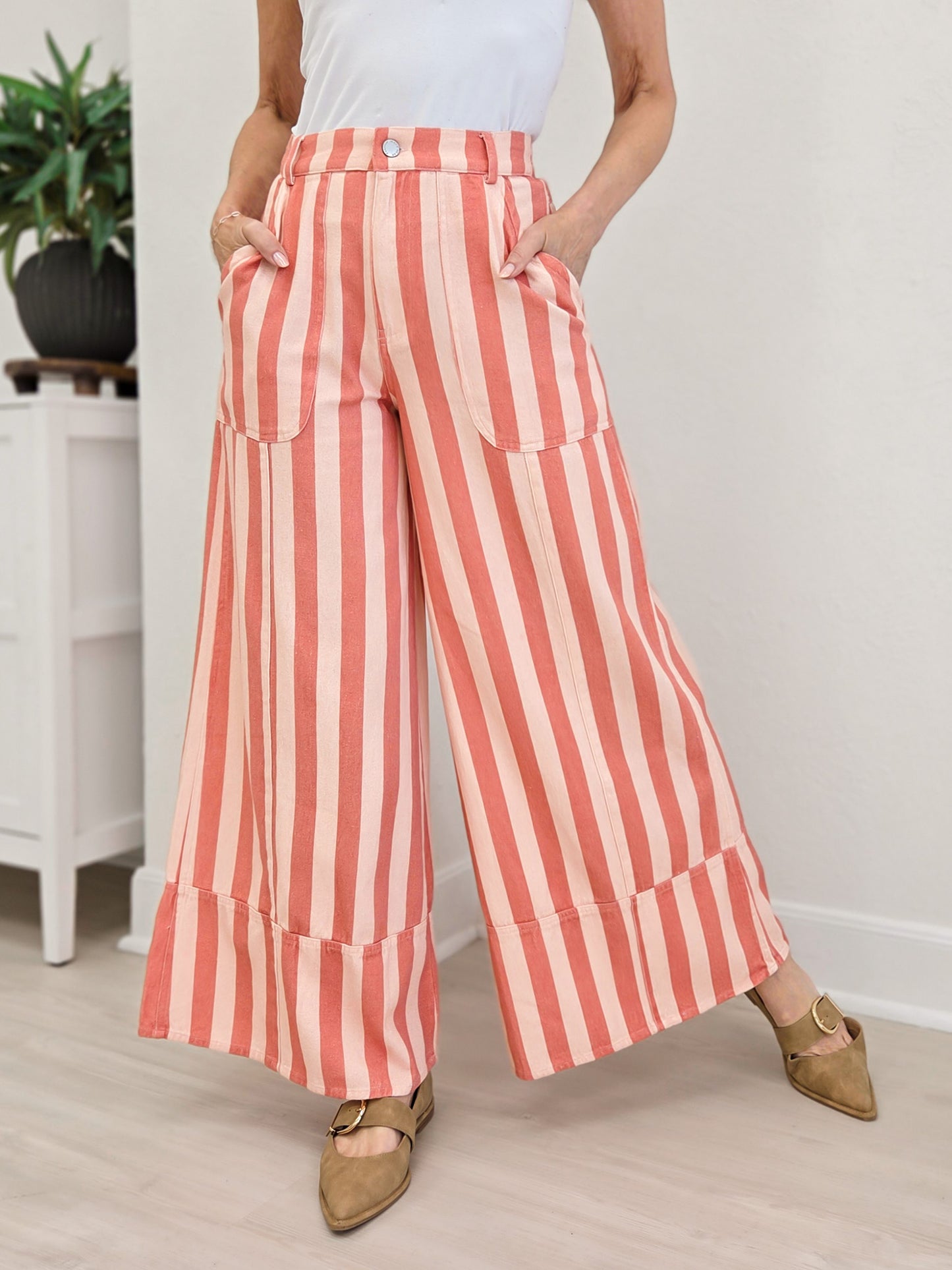 Striped Cuffed Wide Leg Pants- Pink/Coral