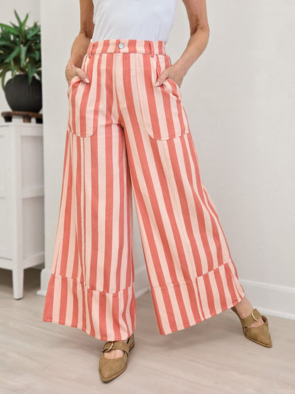 Striped Cuffed Wide Leg Pants- Pink/Coral