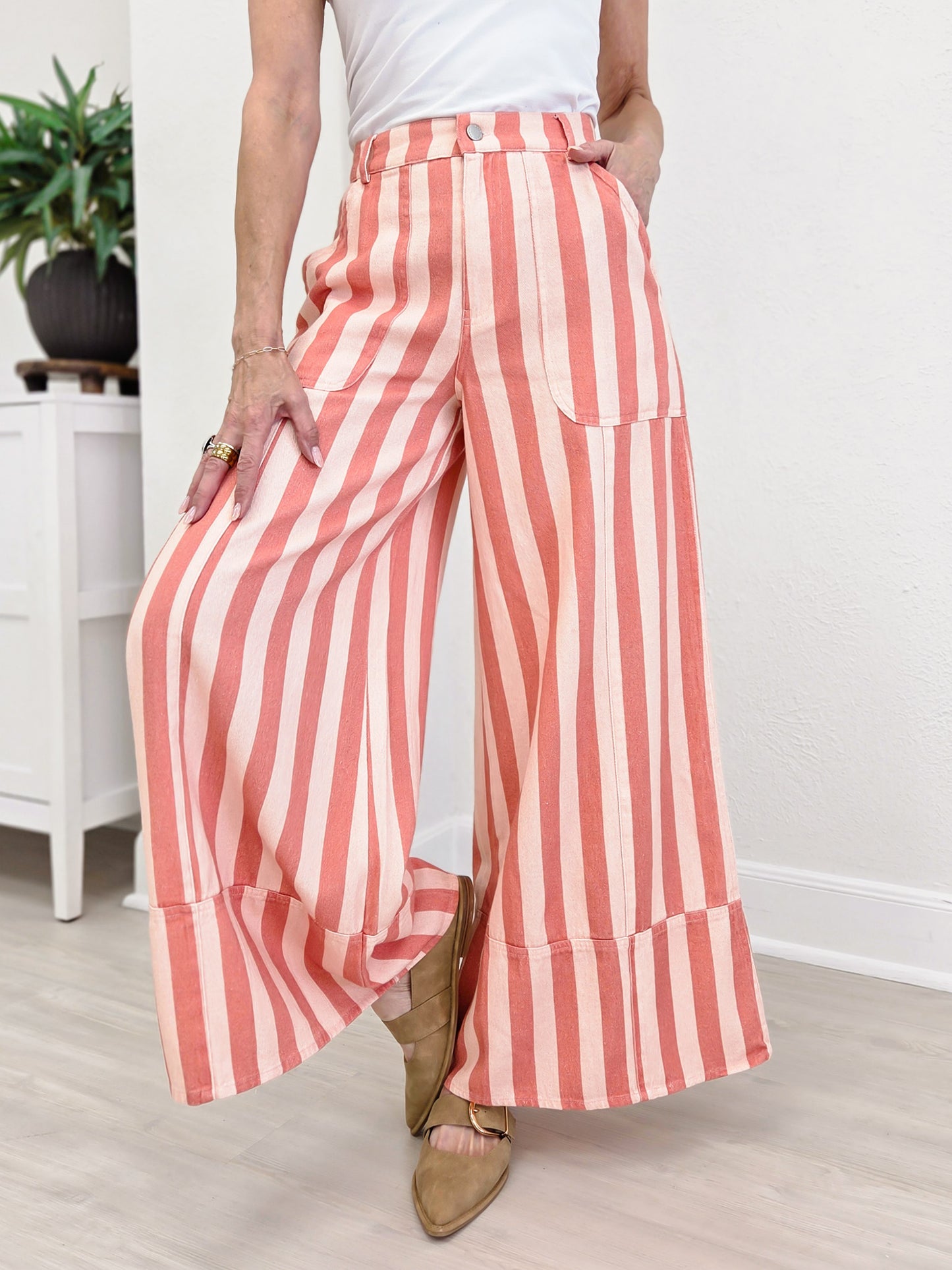 Striped Cuffed Wide Leg Pants- Pink/Coral