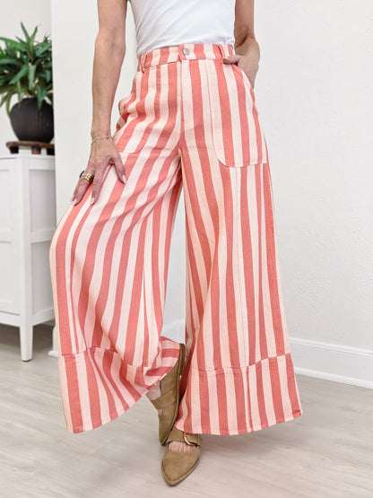 Striped Cuffed Wide Leg Pants- Pink/Coral