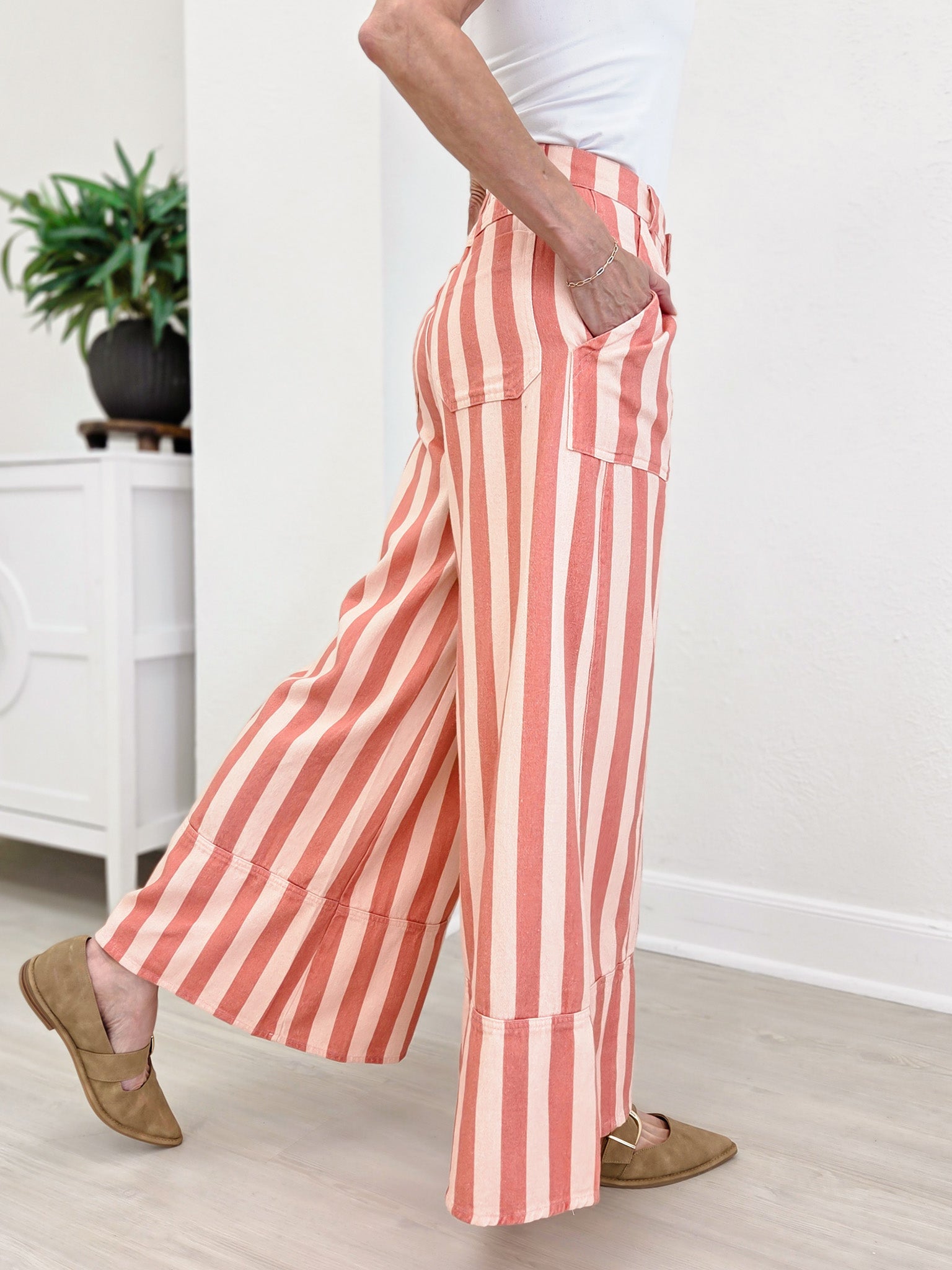 Striped Cuffed Wide Leg Pants- Pink/Coral