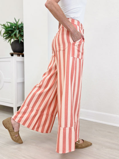 Striped Cuffed Wide Leg Pants- Pink/Coral