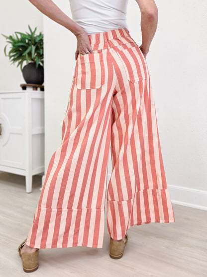 Striped Cuffed Wide Leg Pants- Pink/Coral