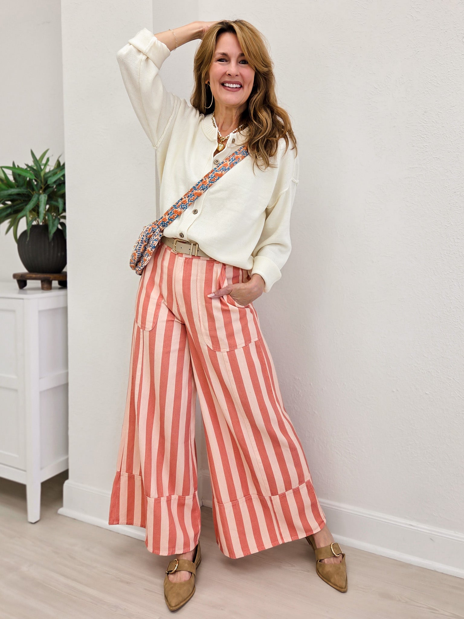 Striped Cuffed Wide Leg Pants- Pink/Coral