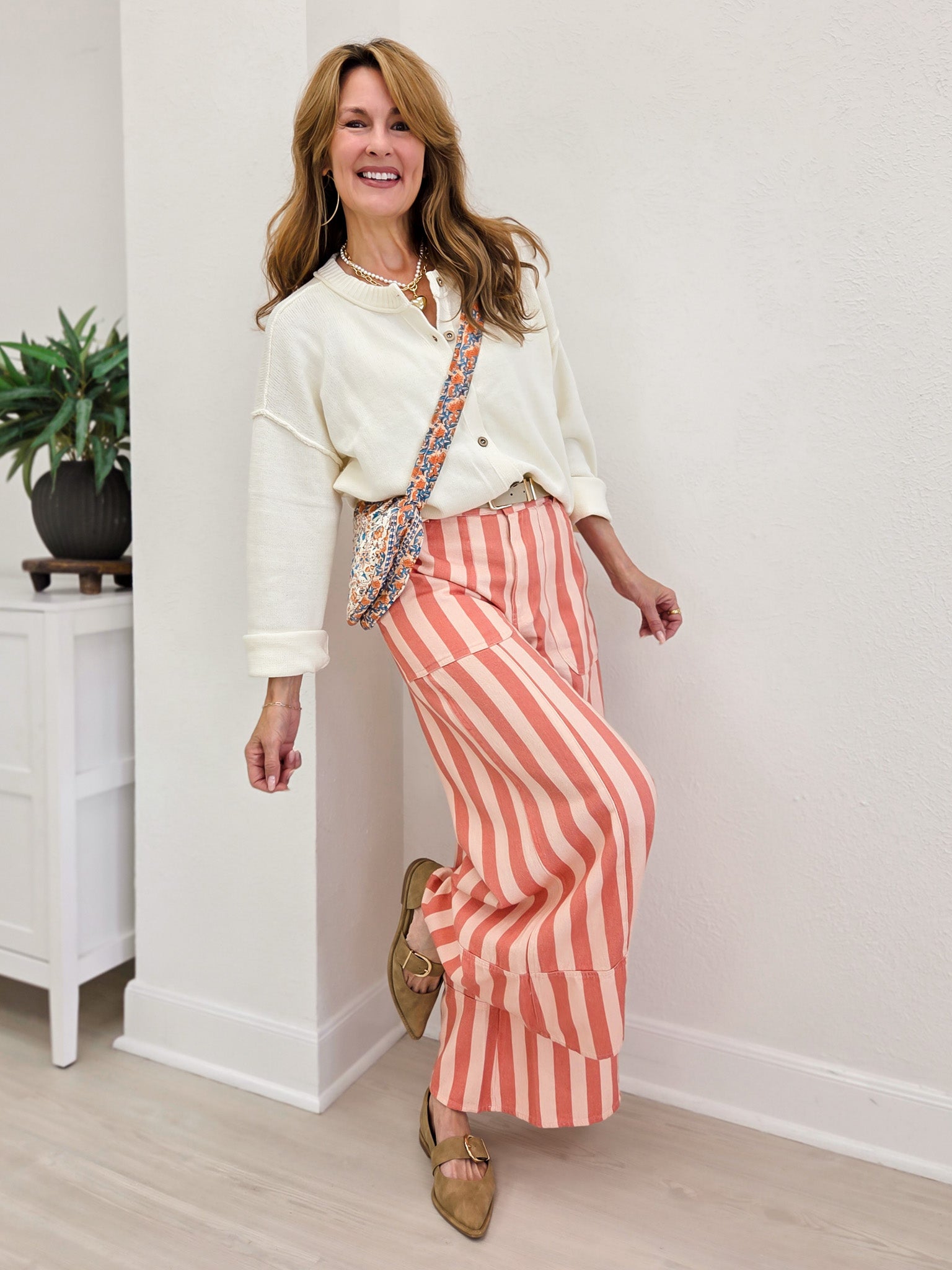 Striped Cuffed Wide Leg Pants- Pink/Coral