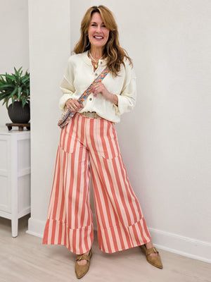 Striped Cuffed Wide Leg Pants- Pink/Coral