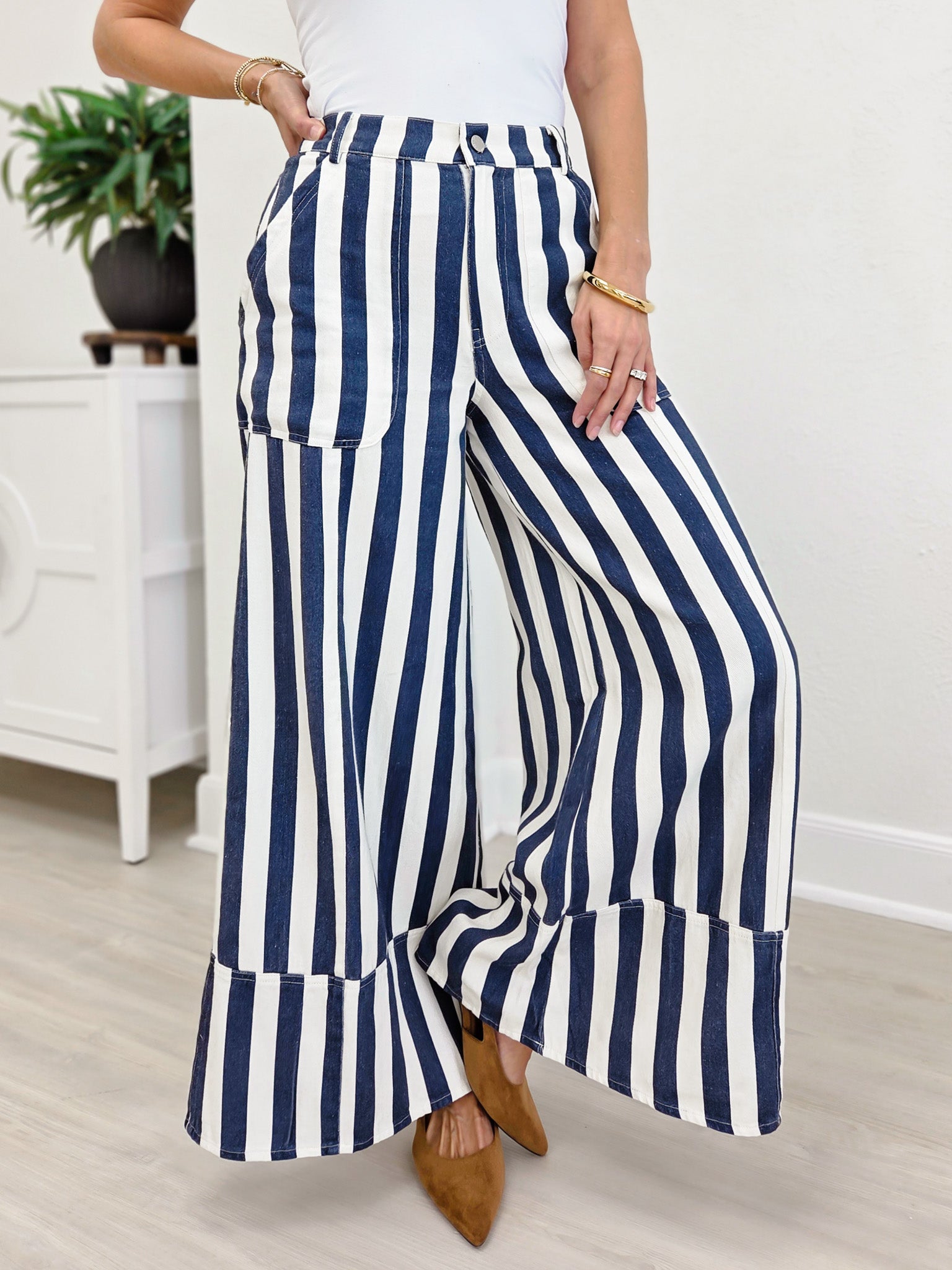 Striped Cuffed Wide Leg Pants- White/Navy