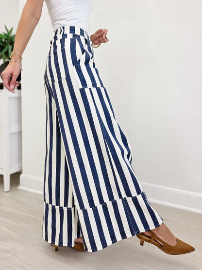 Striped Cuffed Wide Leg Pants- White/Navy