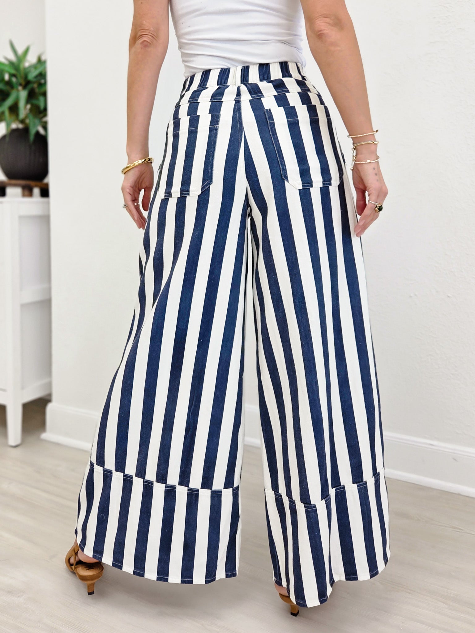 Striped Cuffed Wide Leg Pants- White/Navy