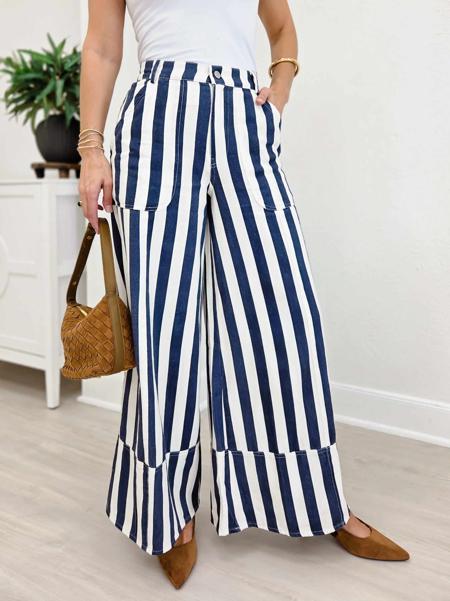 Striped Cuffed Wide Leg Pants- White/Navy