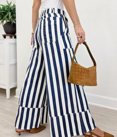 Striped Cuffed Wide Leg Pants- White/Navy