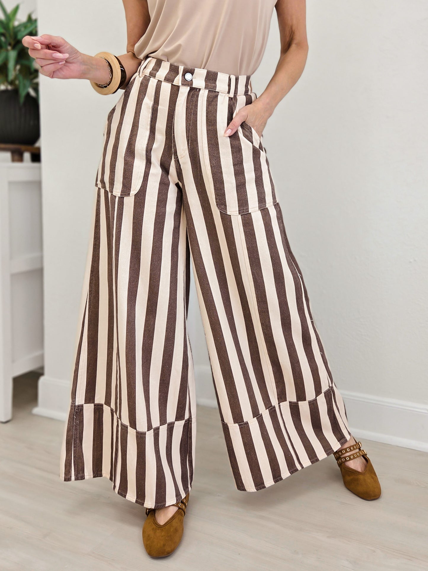 Striped Cuffed Wide Leg Pants- Cream/ Mocha