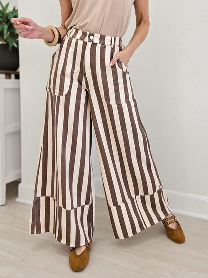Striped Cuffed Wide Leg Pants- Cream/ Mocha