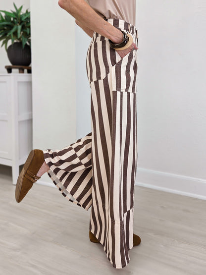 Striped Cuffed Wide Leg Pants- Cream/ Mocha
