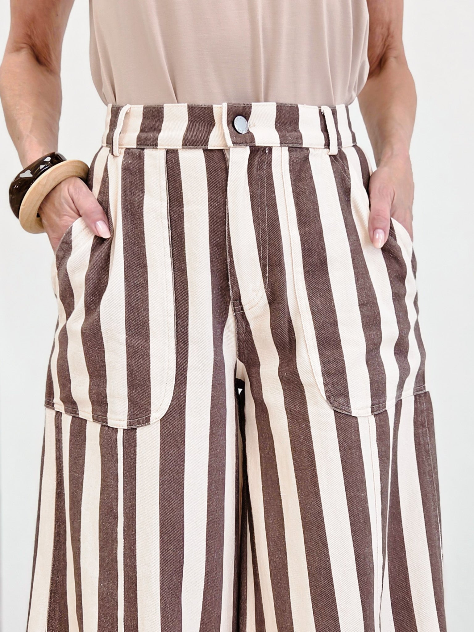 Striped Cuffed Wide Leg Pants- Cream/ Mocha