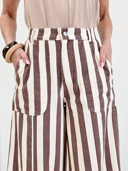 Striped Cuffed Wide Leg Pants- Cream/ Mocha