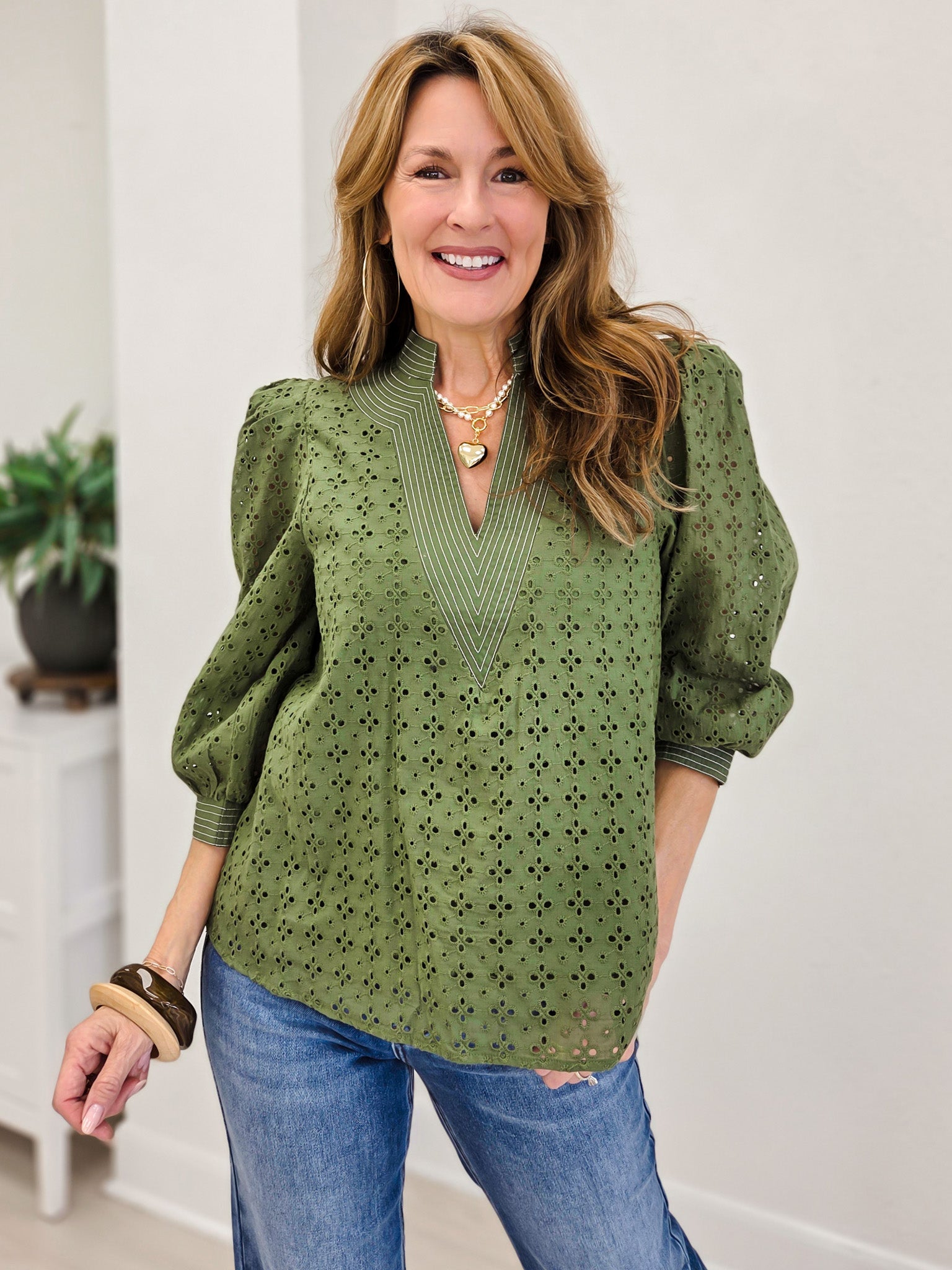 Solid Puff Sleeve Top With V-Neck And Eyelet Detail