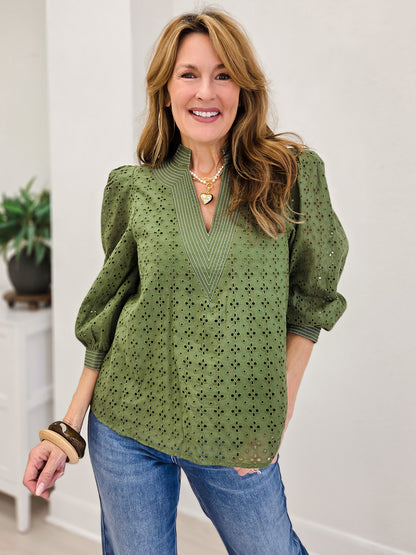 Solid Puff Sleeve Top With V-Neck And Eyelet Detail
