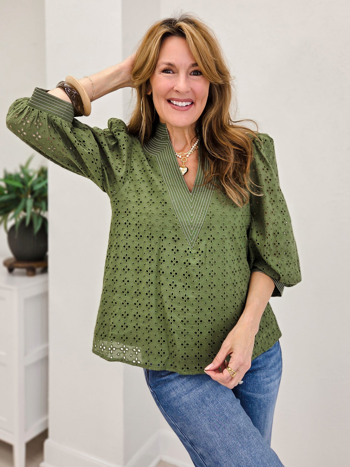 Solid Puff Sleeve Top With V-Neck And Eyelet Detail