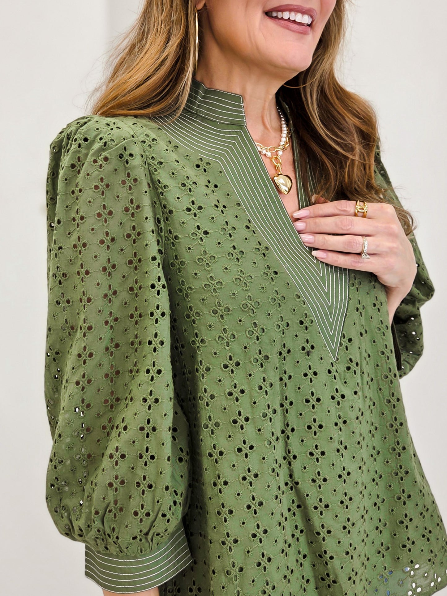 Solid Puff Sleeve Top With V-Neck And Eyelet Detail