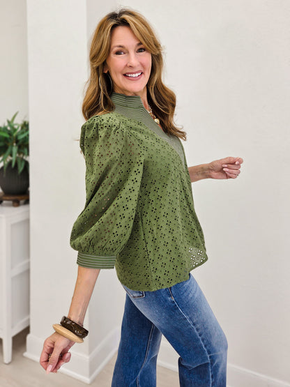 Solid Puff Sleeve Top With V-Neck And Eyelet Detail